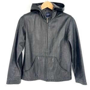 GAP Black Leather Full Zip Hoodie Jacket Lamb‎ Nappa Hooded Size S